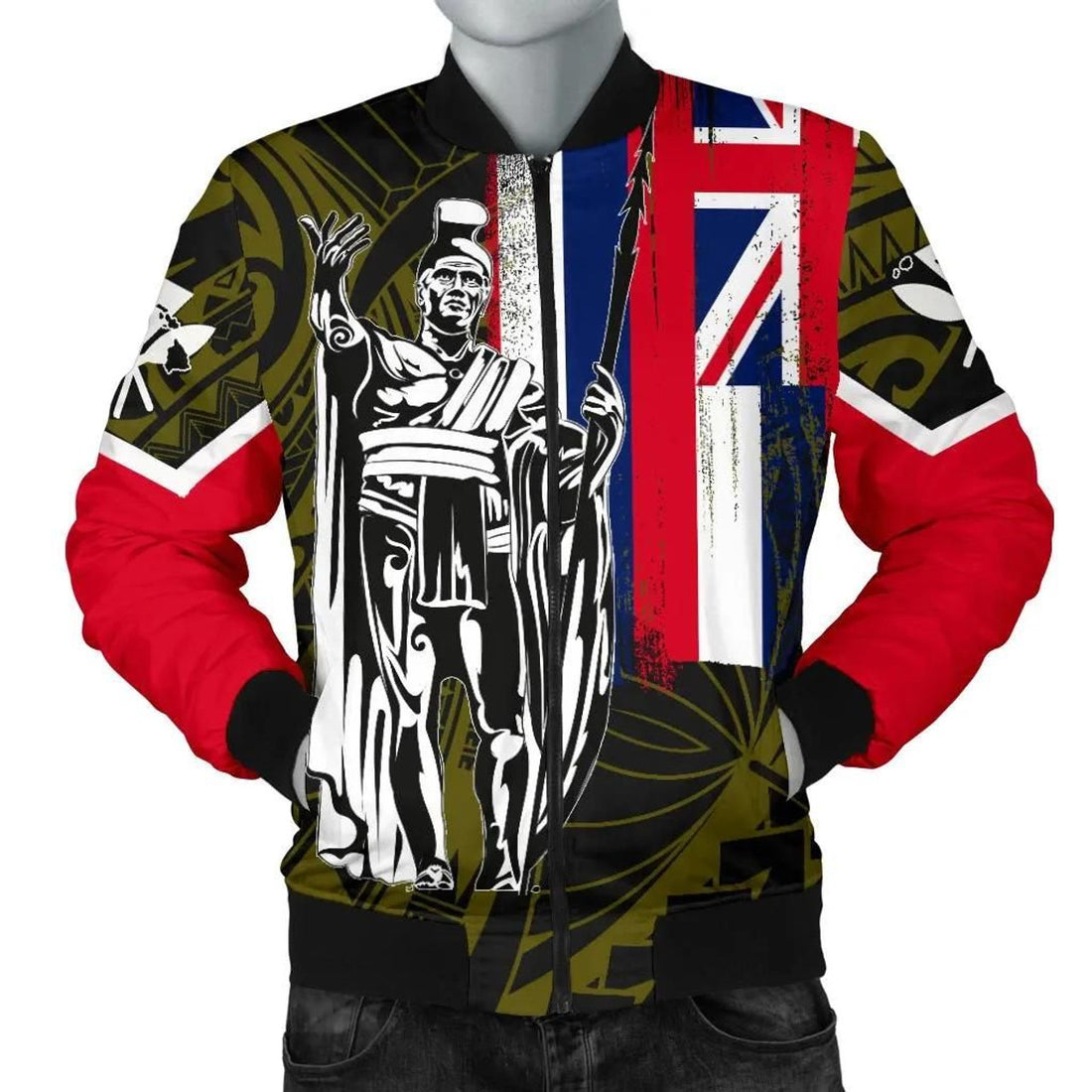 FUNSTUFFPRINT Hawaii King Flag Polynesian Men's Bomber Jacket - Yellow - AH 3D Bomber Jacket