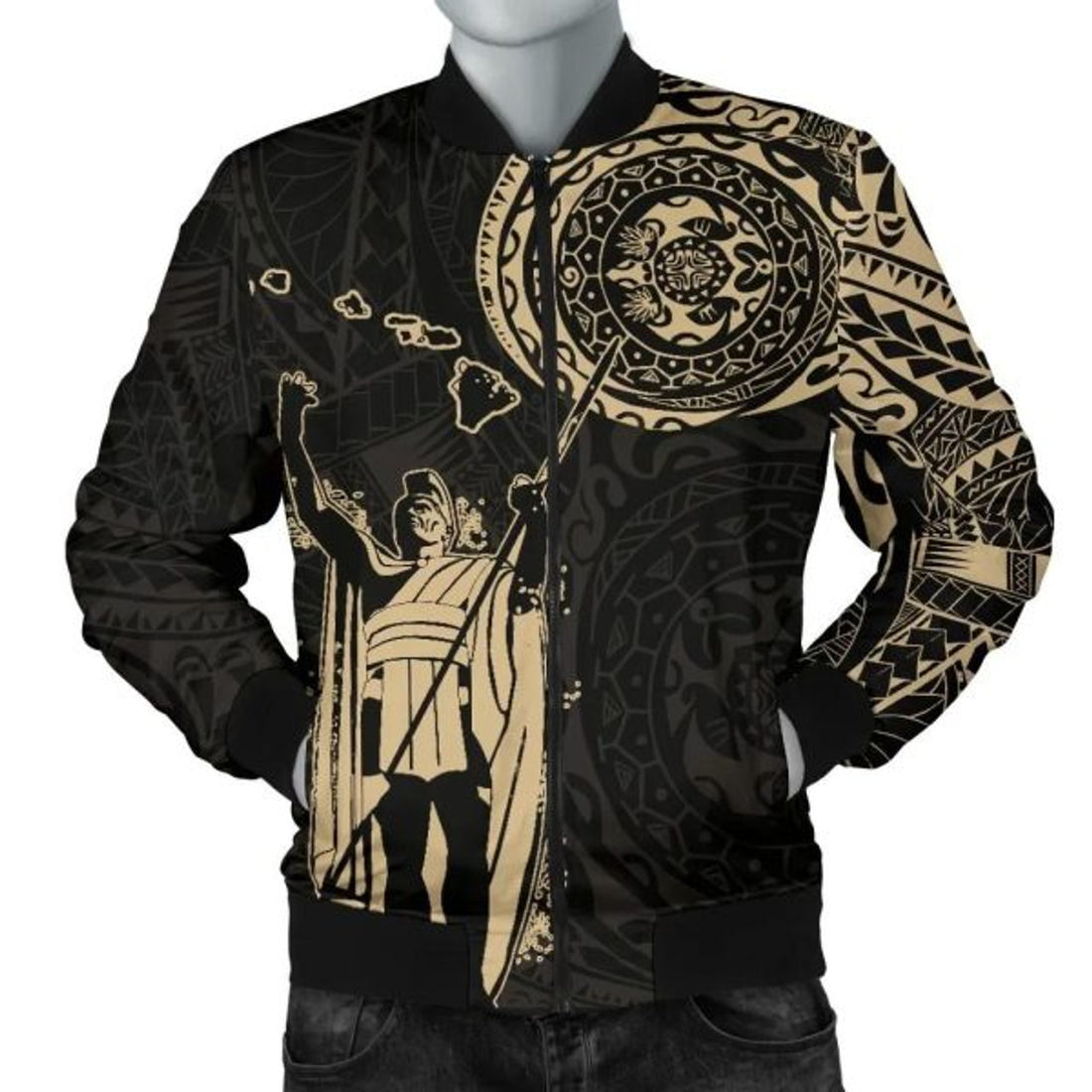 FUNSTUFFPRINT Hawaii King Kanaka Maoli Men's Bomber Jacket - Tattoo Style Bomber Jacket
