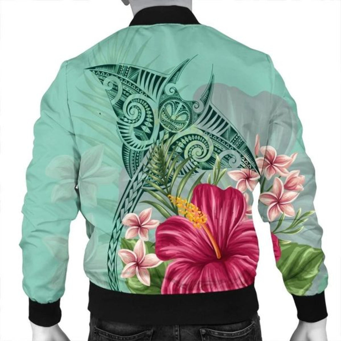 FUNSTUFFPRINT Hawaii Manta Ray Tropical Hibiscus Plumeria Bomber Jacket - AH - R