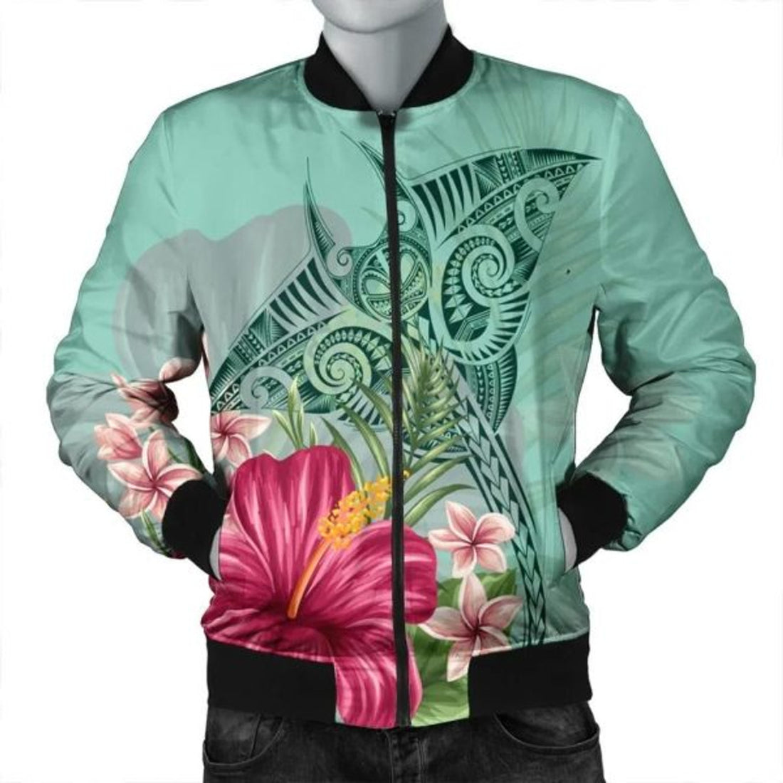 FUNSTUFFPRINT Hawaii Manta Ray Tropical Hibiscus Plumeria Bomber Jacket - AH - R