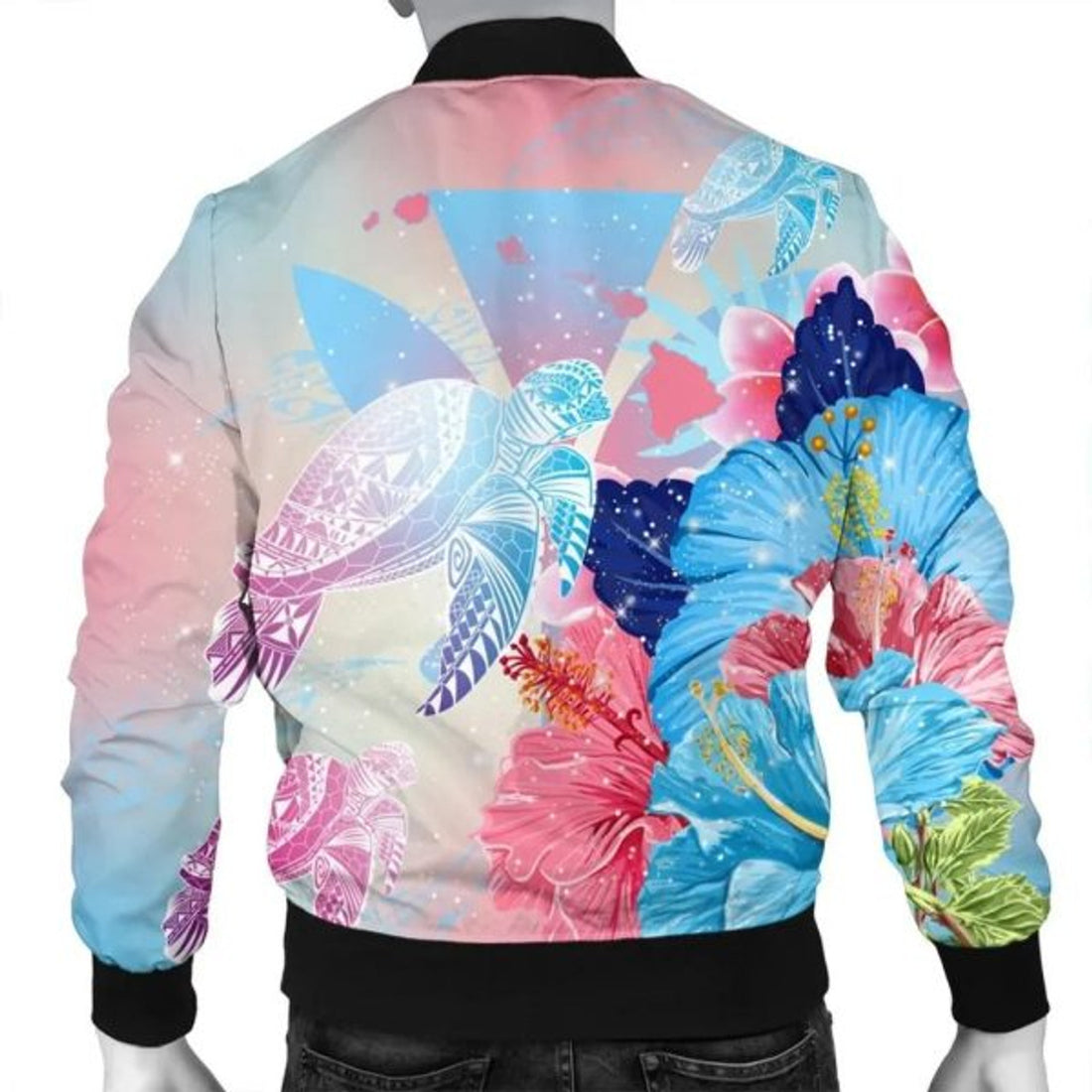 FUNSTUFFPRINT Hawaii Map Kanaka Hibiscus Polynesian Turtle Swimming Bomber Jacket - Sweet Dream Style - AH - R Bomber Jacket