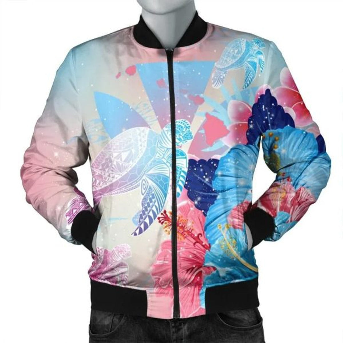 FUNSTUFFPRINT Hawaii Map Kanaka Hibiscus Polynesian Turtle Swimming Bomber Jacket - Sweet Dream Style - AH - R Bomber Jacket