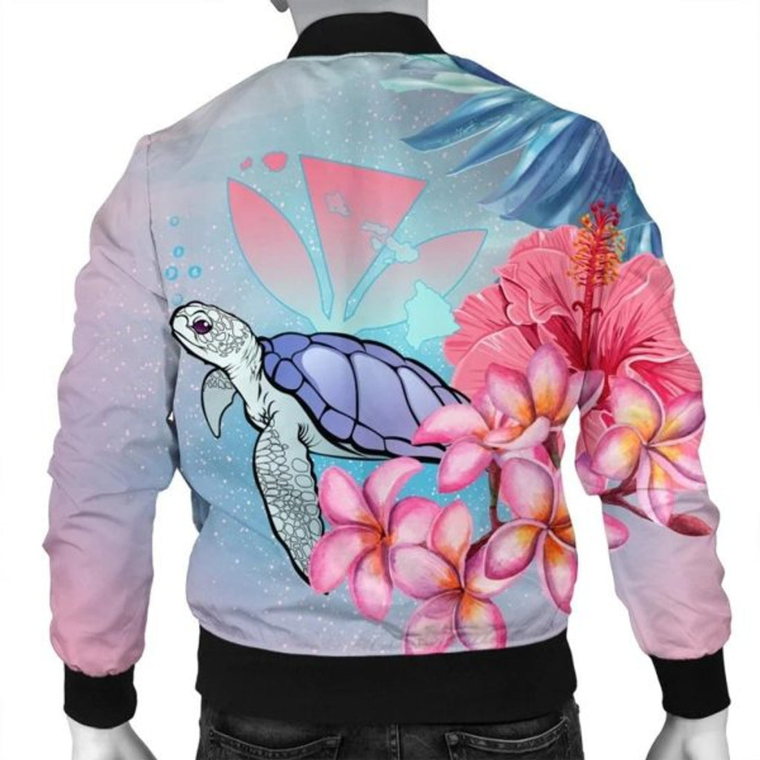 FUNSTUFFPRINT Hawaii Map Kanaka Turtle Galaxy Night Plumeria Hibiscus Bomber Jacket - AH - R Bomber Jacket