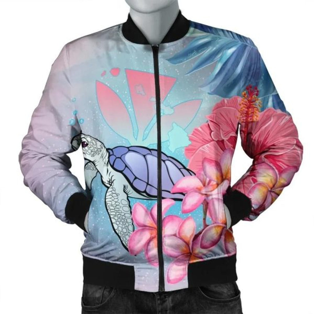 FUNSTUFFPRINT Hawaii Map Kanaka Turtle Galaxy Night Plumeria Hibiscus Bomber Jacket - AH - R Bomber Jacket