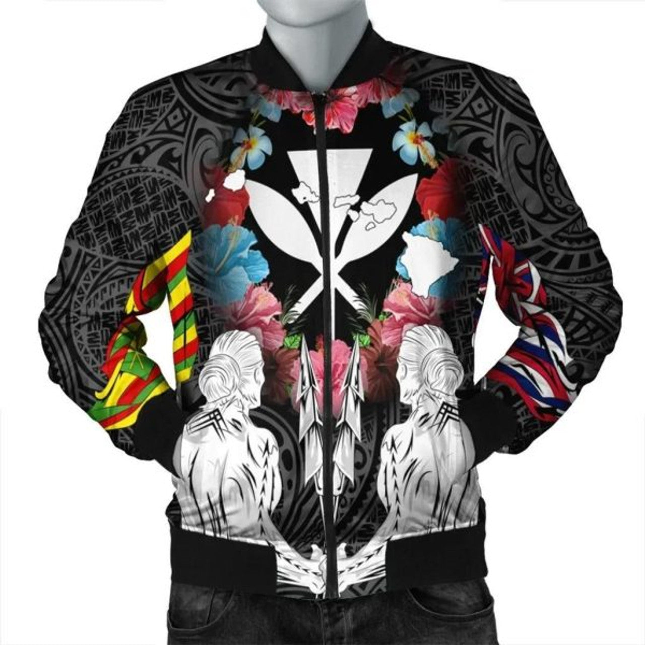 FUNSTUFFPRINT Hawaii Map Kanaka Two Men Holding Flag Bomber Jacket