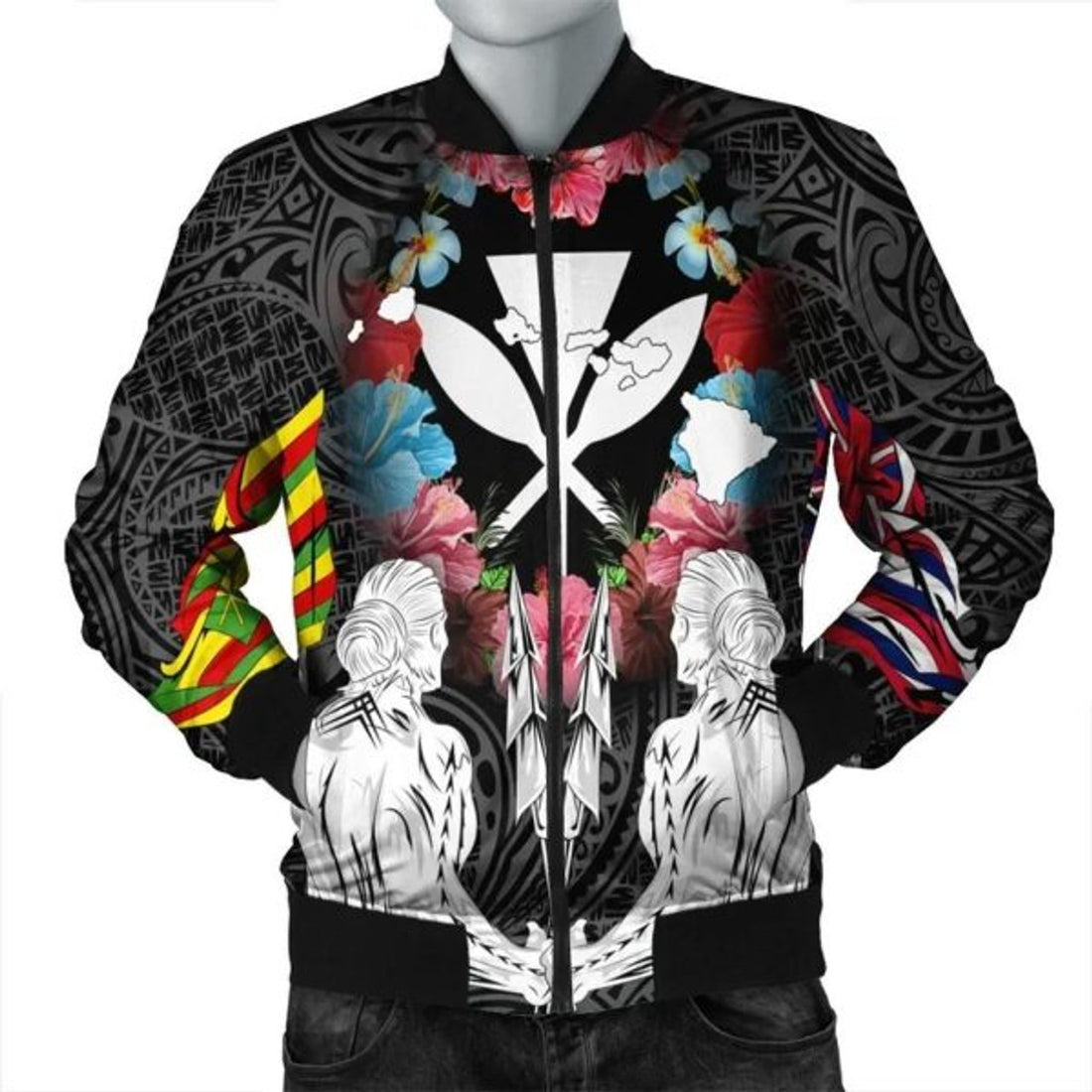 FUNSTUFFPRINT Hawaii Map Kanaka Two Men Holding Flag Bomber Jacket