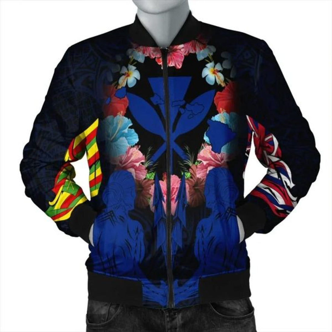 FUNSTUFFPRINT Hawaii Map Kanaka Two Men Holding Flag Bomber Jacket
