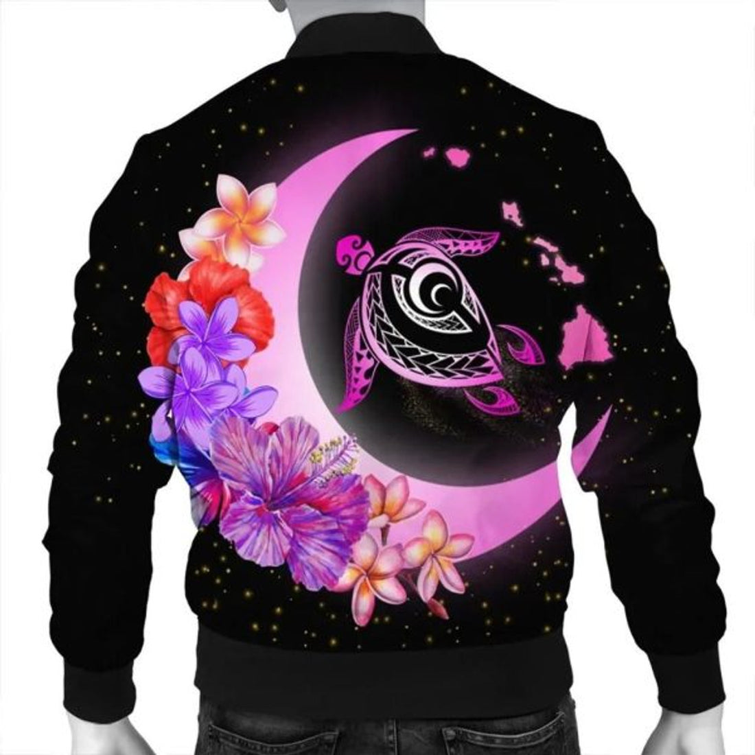 FUNSTUFFPRINT Hawaii Map Moon Star Turtle Plumeria Hibiscus Bomber Jacket - AH - R Bomber Jacket