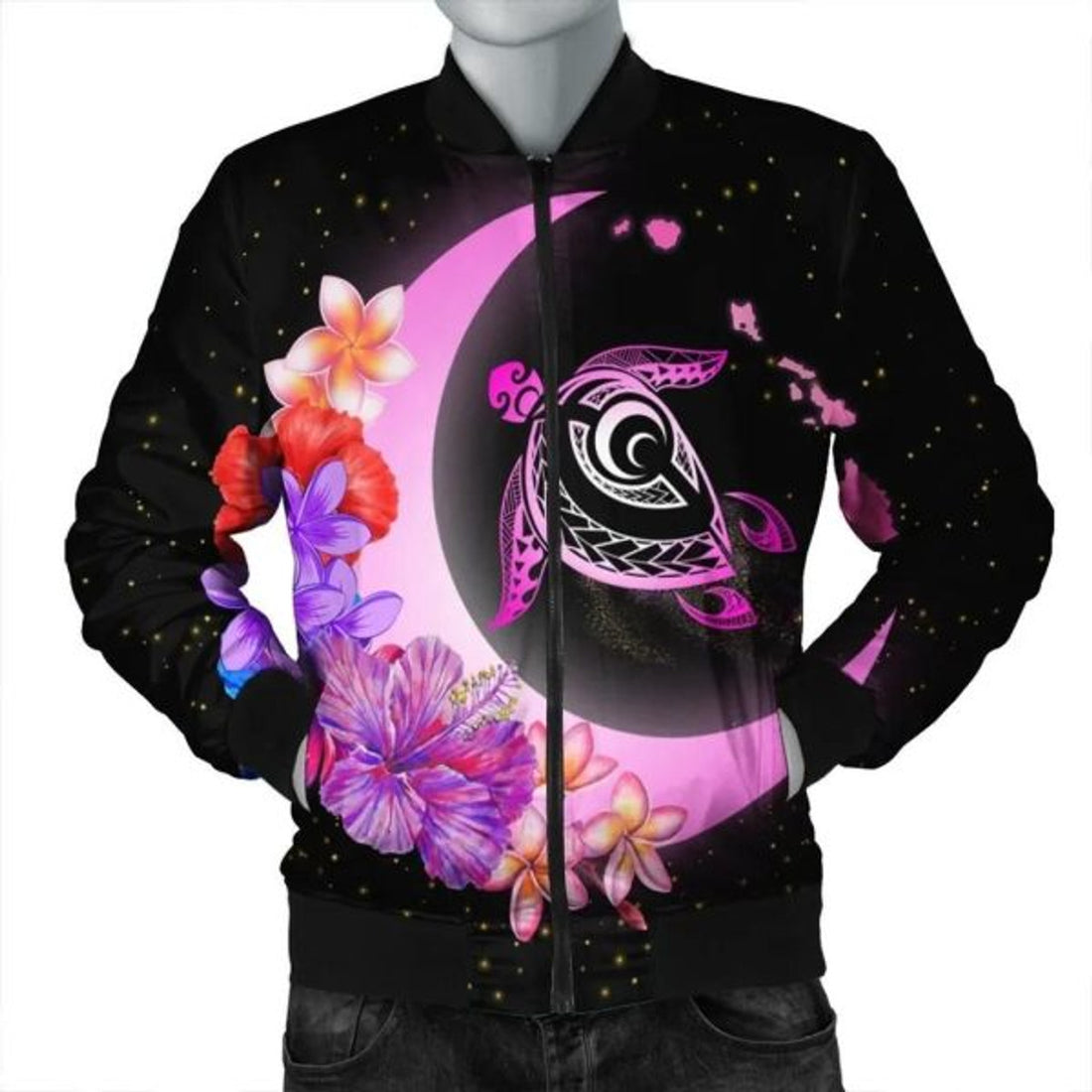 FUNSTUFFPRINT Hawaii Map Moon Star Turtle Plumeria Hibiscus Bomber Jacket - AH - R Bomber Jacket