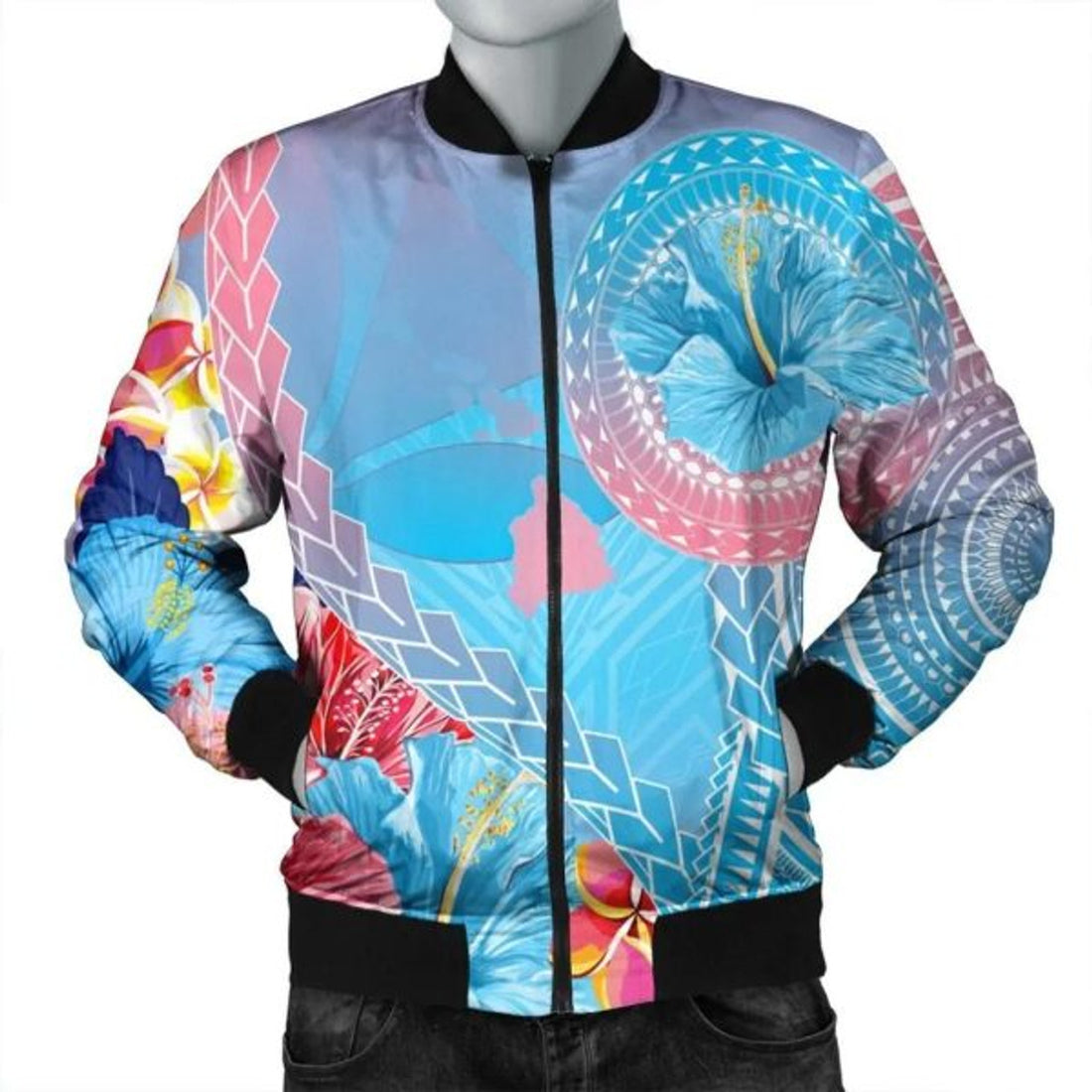 FUNSTUFFPRINT Hawaii Map Sweet Dream Kanaka Polynesian Hibiscus Bomber Jacket - AH - R Bomber Jacket