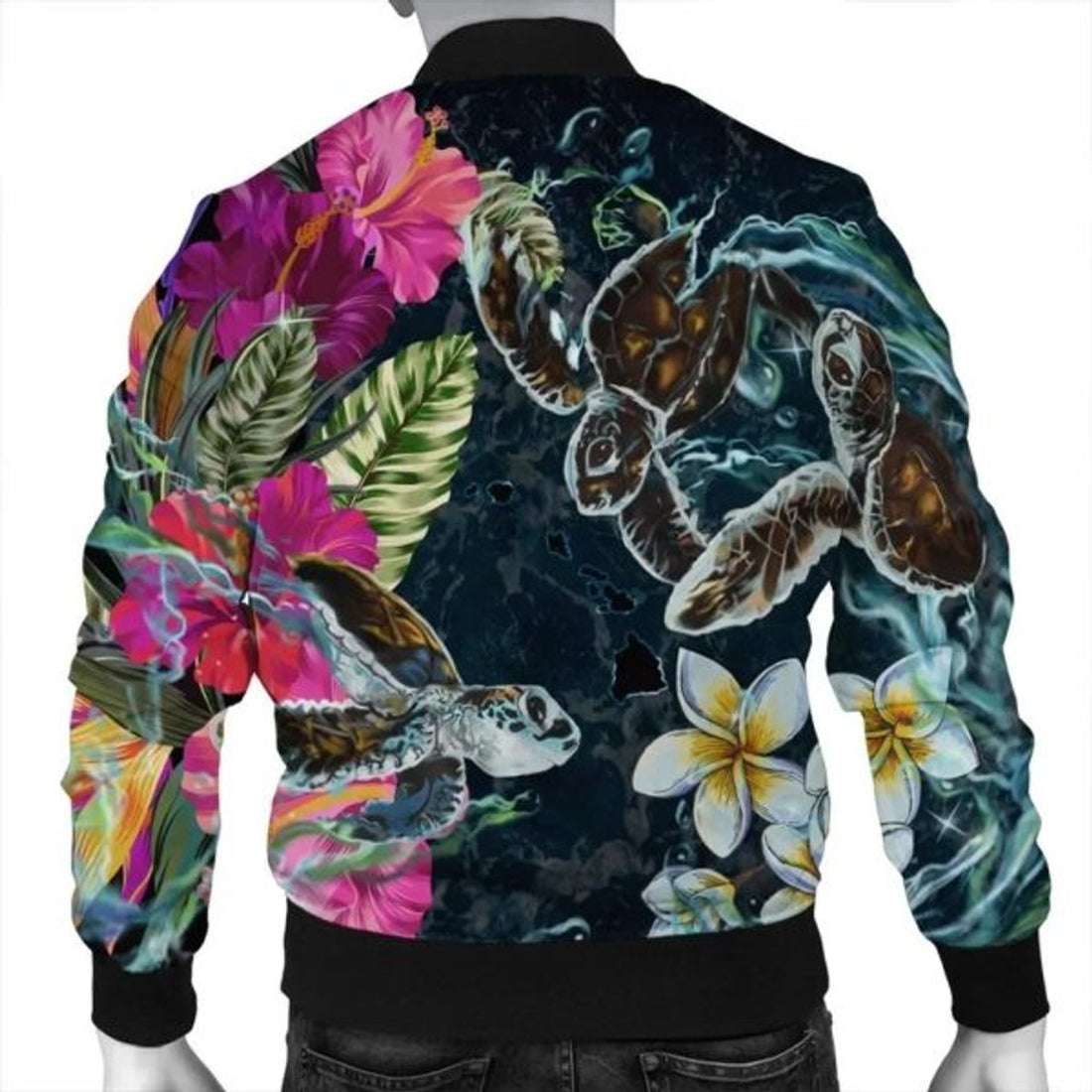 FUNSTUFFPRINT Hawaii Map Turtle Swimming Hibiscus Plumeria Moana Bomber Jacket - AH - R Bomber Jacket