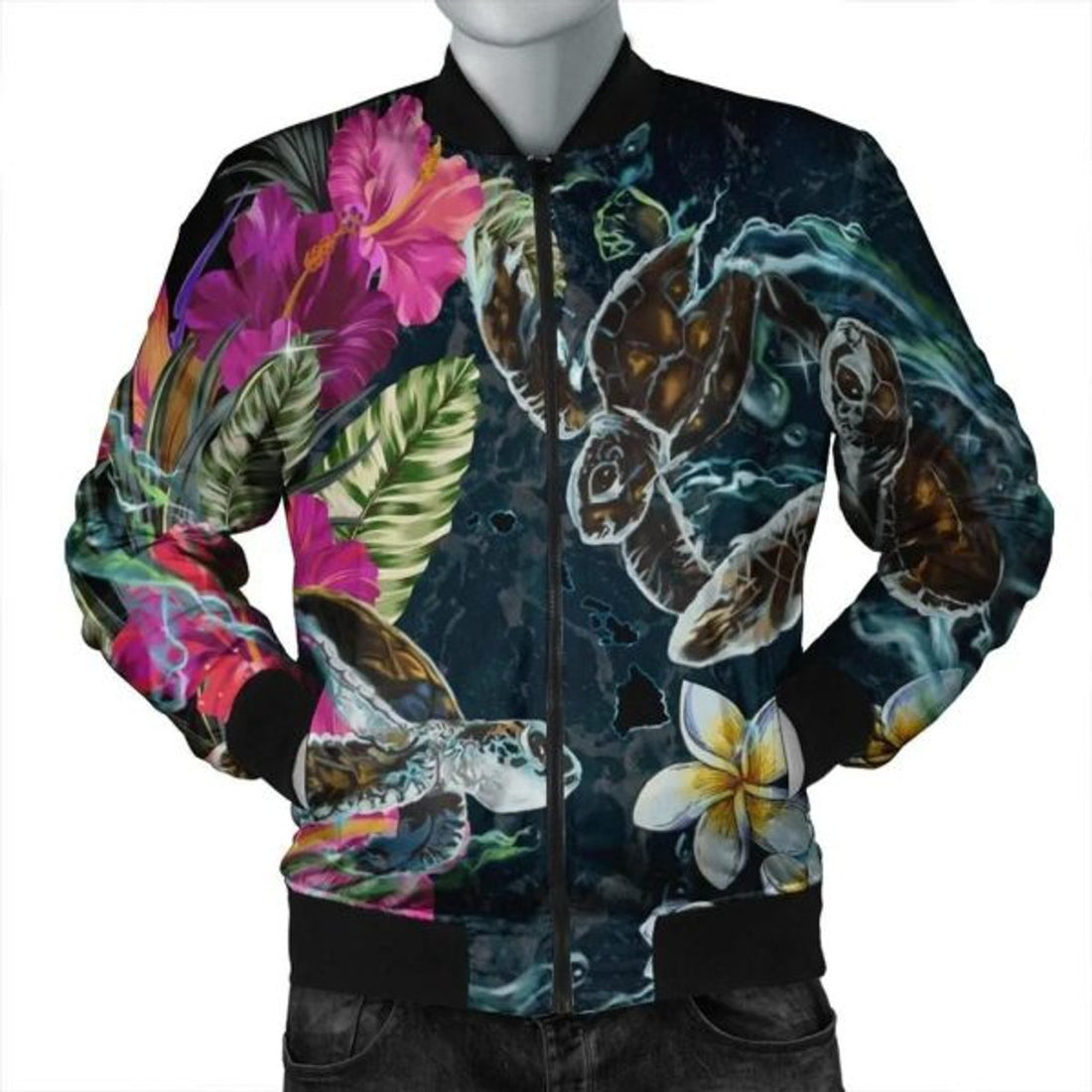 FUNSTUFFPRINT Hawaii Map Turtle Swimming Hibiscus Plumeria Moana Bomber Jacket - AH - R Bomber Jacket