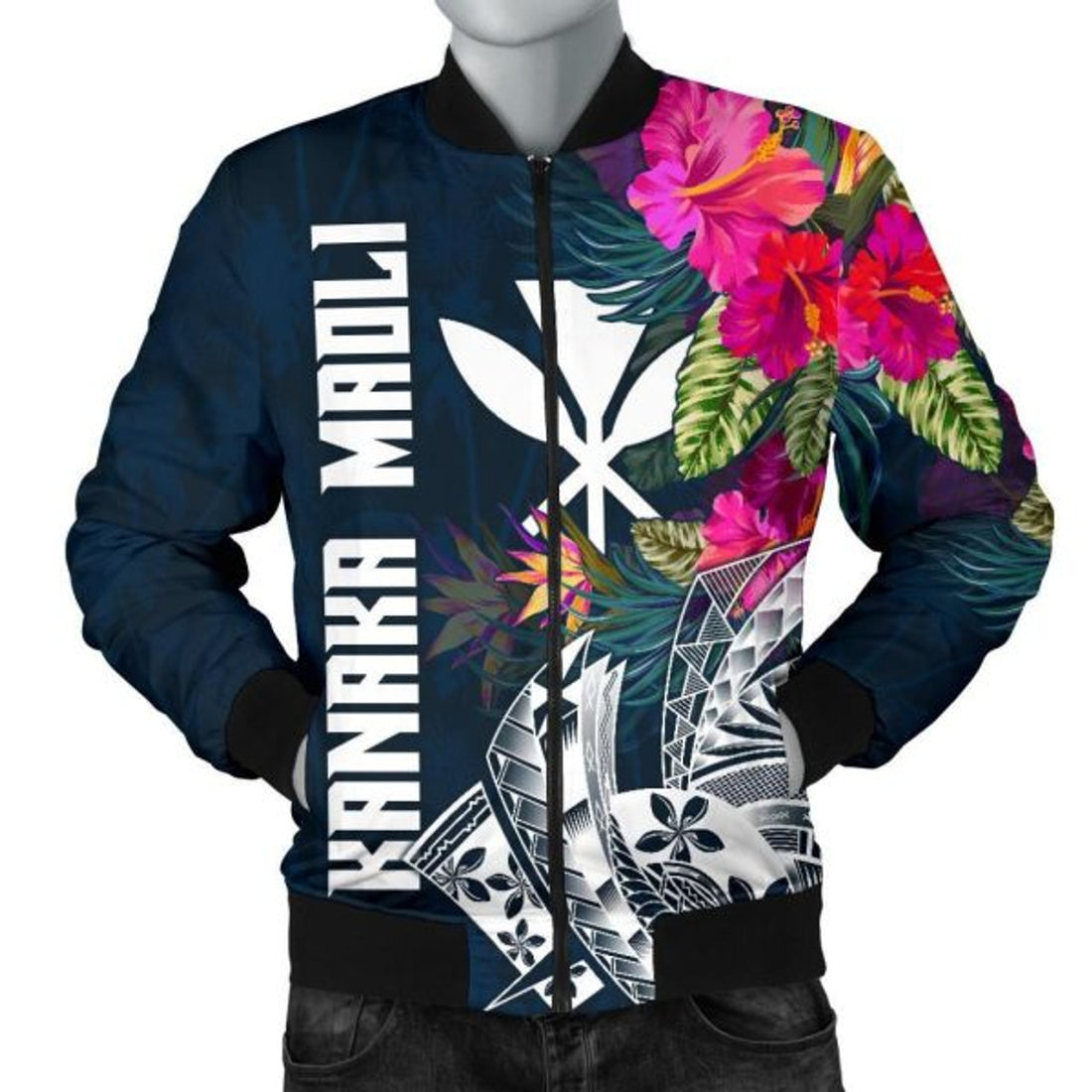 FUNSTUFFPRINT Hawaii Men's Bomber Jacket - Polynesian Hibiscus with Summer Vibes - Bomber Jacket