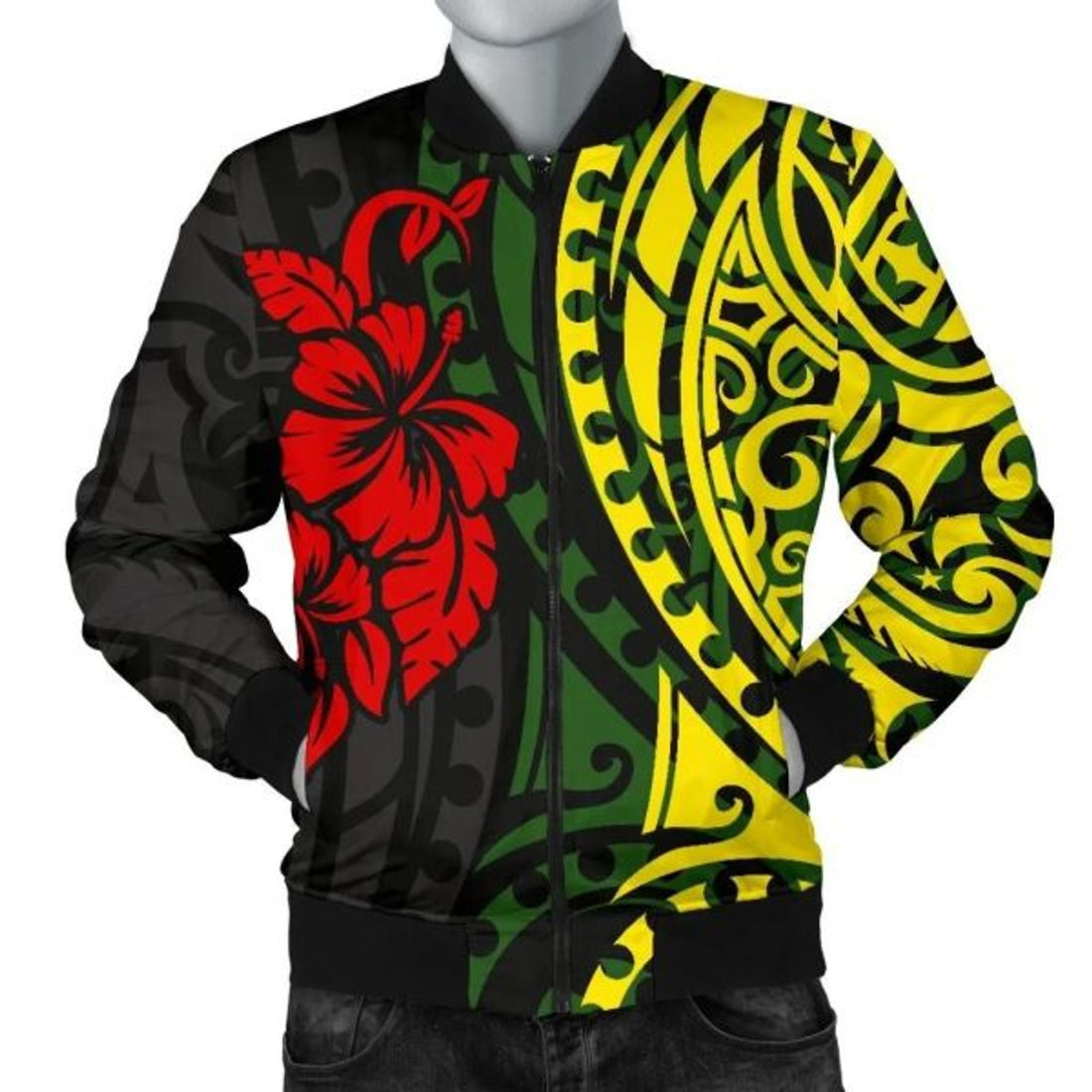 FUNSTUFFPRINT Hawaii Men's Bomber Jacket - Polynesian Patterns With Hibiscus Flowers - Bomber Jacket