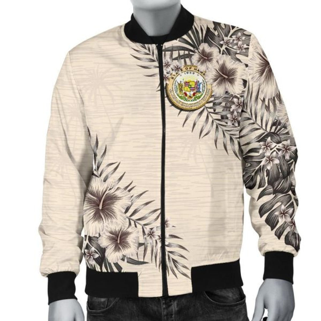 FUNSTUFFPRINT Hawaii Men's Bomber Jacket - The Beige Hibiscus Bomber Jacket