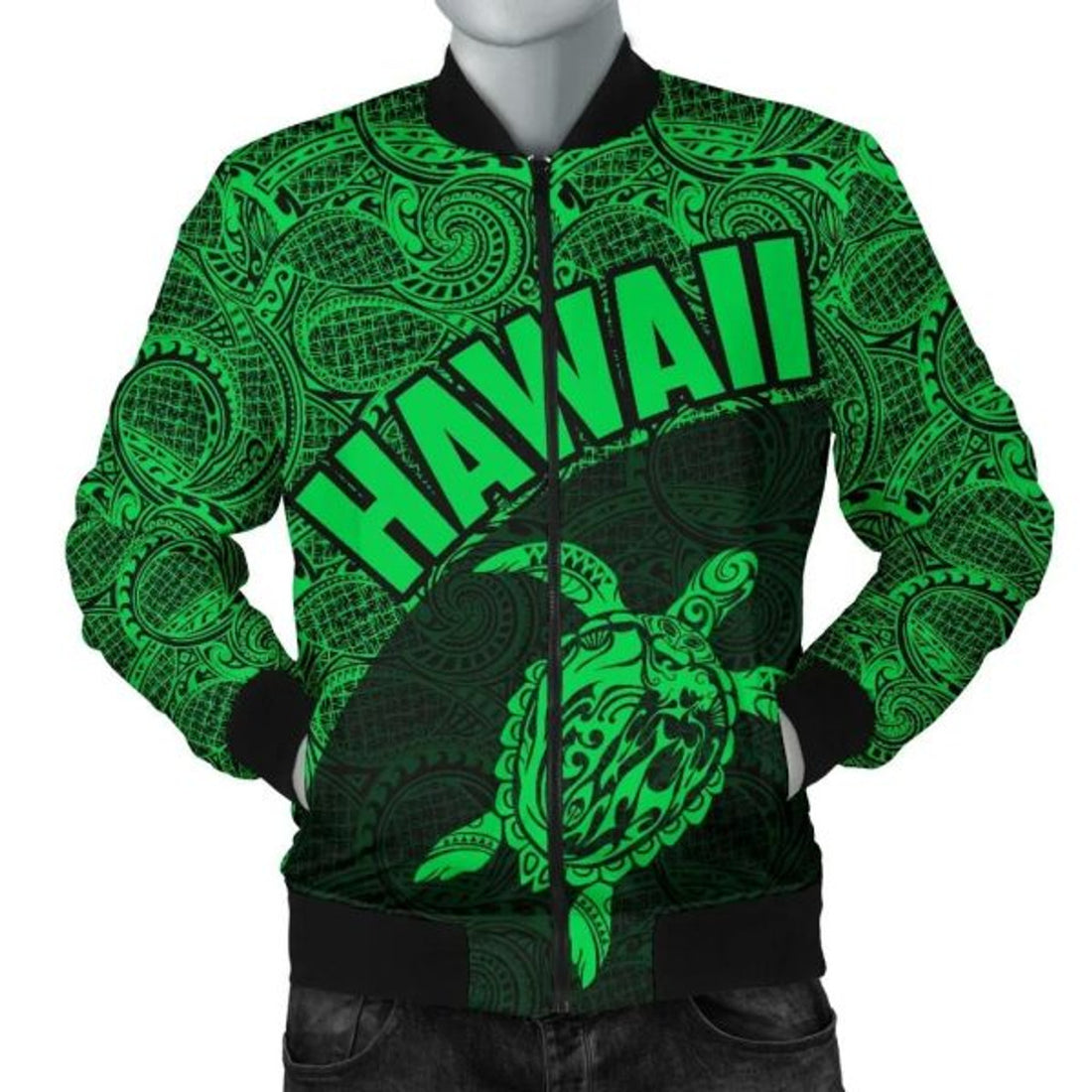 FUNSTUFFPRINT Hawaii Men's Bomber Jacket Turtle Mermaid Polynesian Black Green Version Bomber Jacket