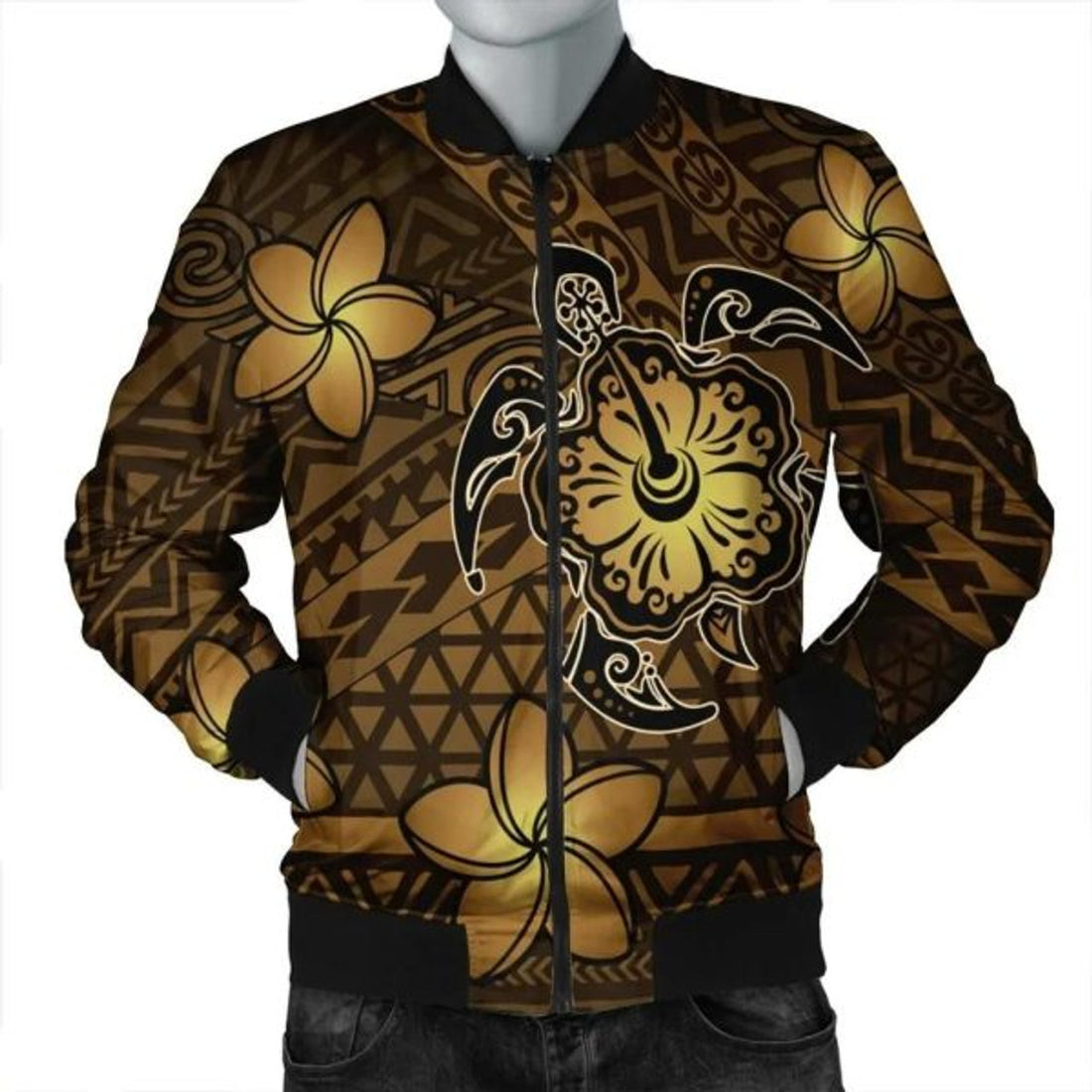 FUNSTUFFPRINT Hawaii Mix Polynesian Turtle Plumeria Bomber Jacket - AH - Nick Style - Brown - R Bomber Jacket
