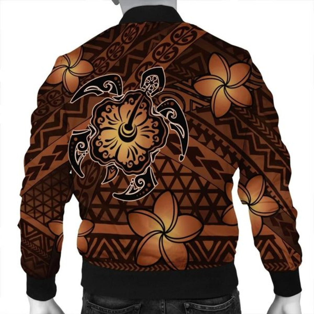 FUNSTUFFPRINT Hawaii Mix Polynesian Turtle Plumeria Bomber Jacket - AH - Nick Style - Orange - R Bomber Jacket