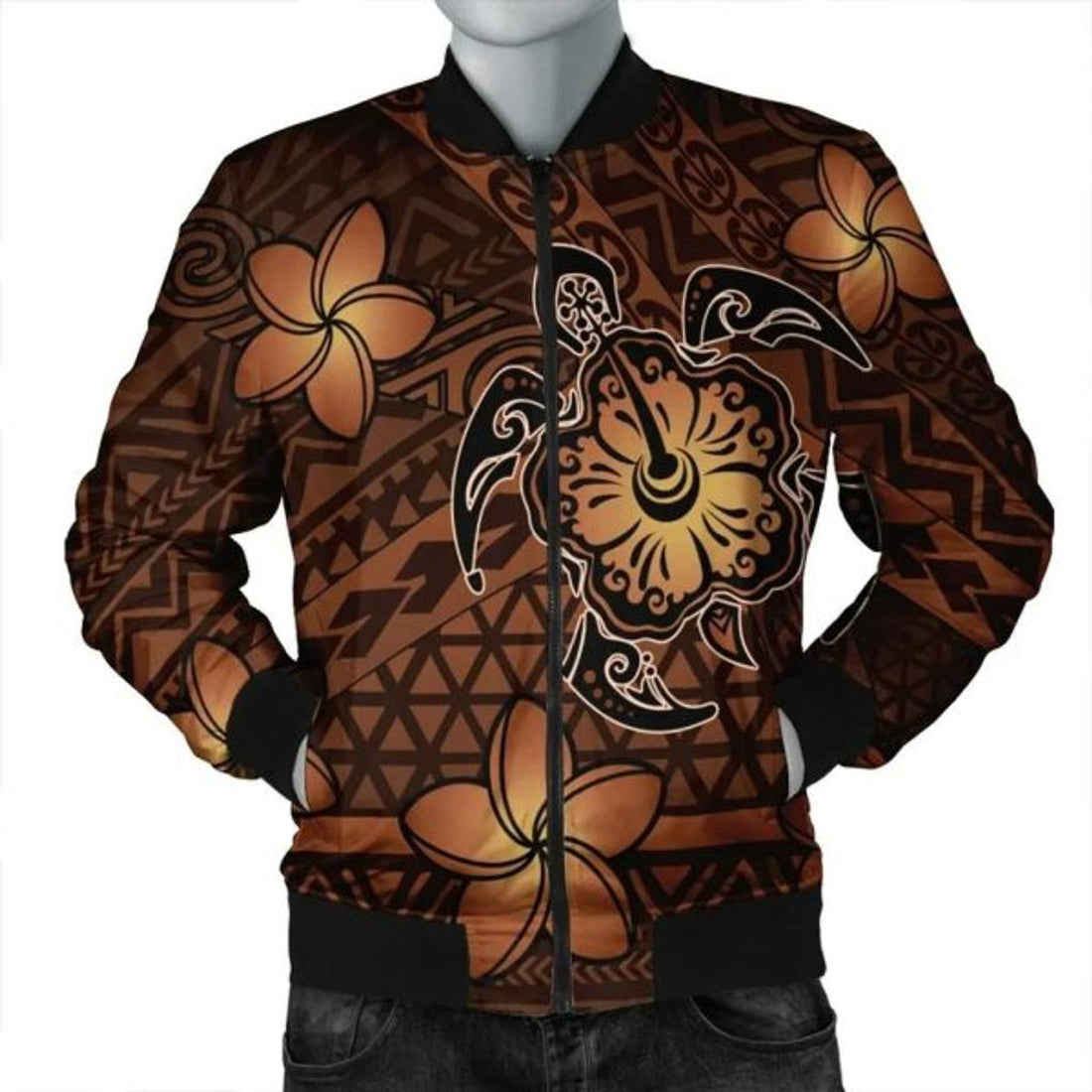 FUNSTUFFPRINT Hawaii Mix Polynesian Turtle Plumeria Bomber Jacket - AH - Nick Style - Orange - R Bomber Jacket