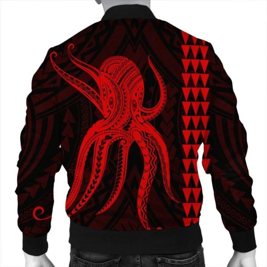 FUNSTUFFPRINT Hawaii Octopus KaKau Polynesian Bomber Jacket - Red - AH - R Bomber Jacket