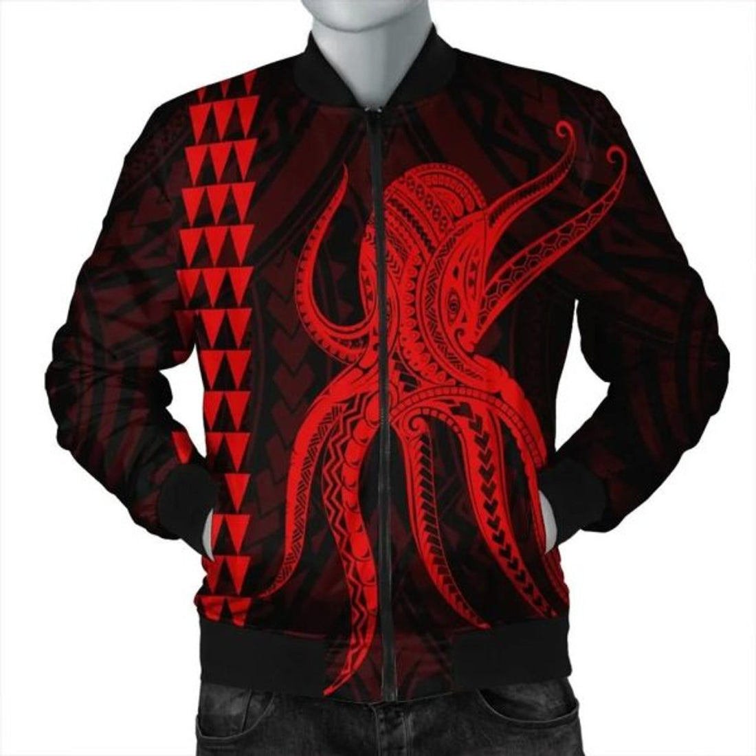 FUNSTUFFPRINT Hawaii Octopus KaKau Polynesian Bomber Jacket - Red - AH - R Bomber Jacket