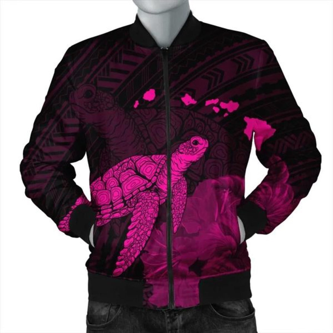 FUNSTUFFPRINT Hawaii Polynesian Hibiscus Turtle Map Bomber Jacket Pink - AH - R Bomber Jacket