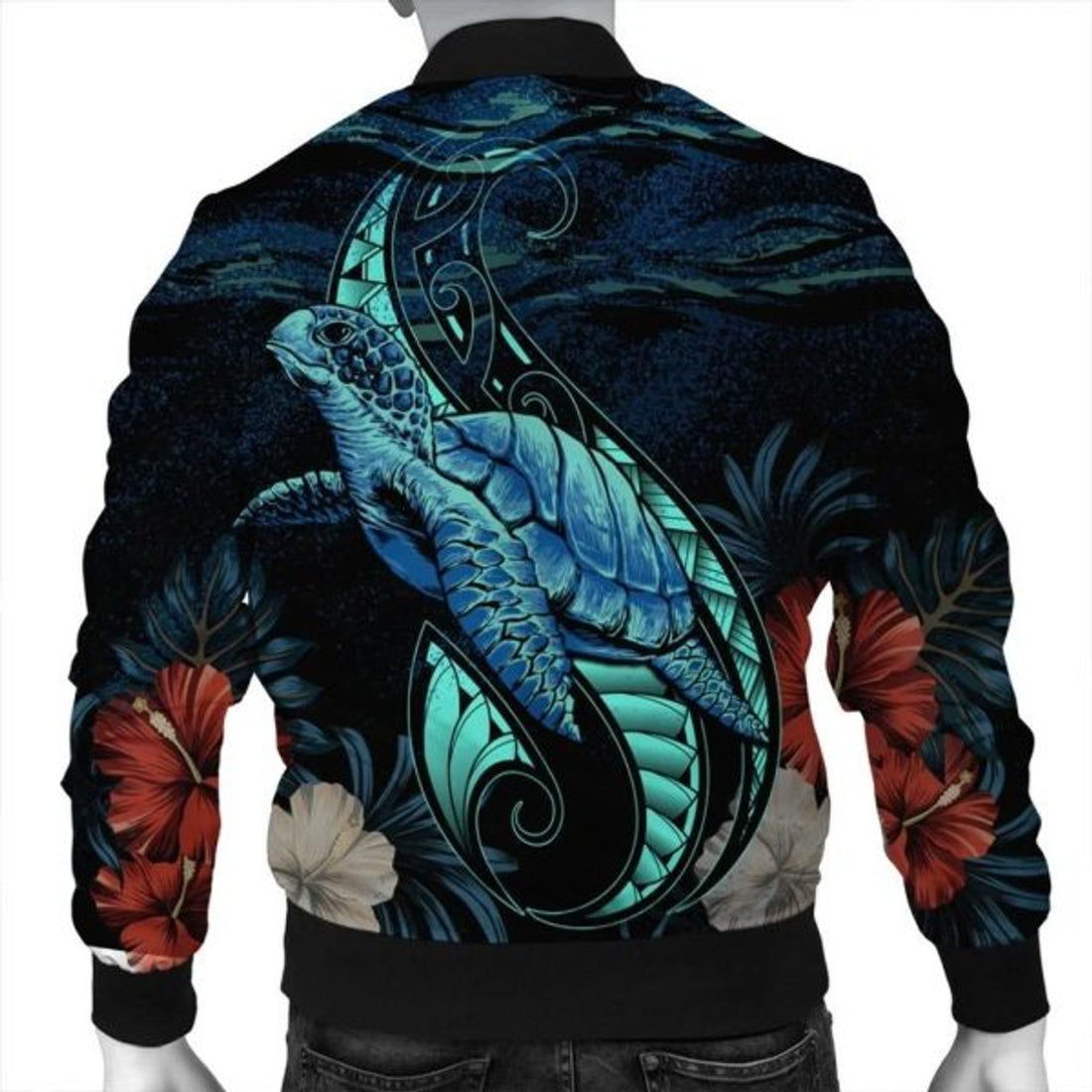 FUNSTUFFPRINT Hawaii Polynesian Honu Sea Hibiscus Bomber Jacket - AH - R Bomber Jacket
