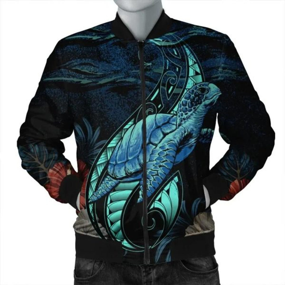 FUNSTUFFPRINT Hawaii Polynesian Honu Sea Hibiscus Bomber Jacket - AH - R Bomber Jacket