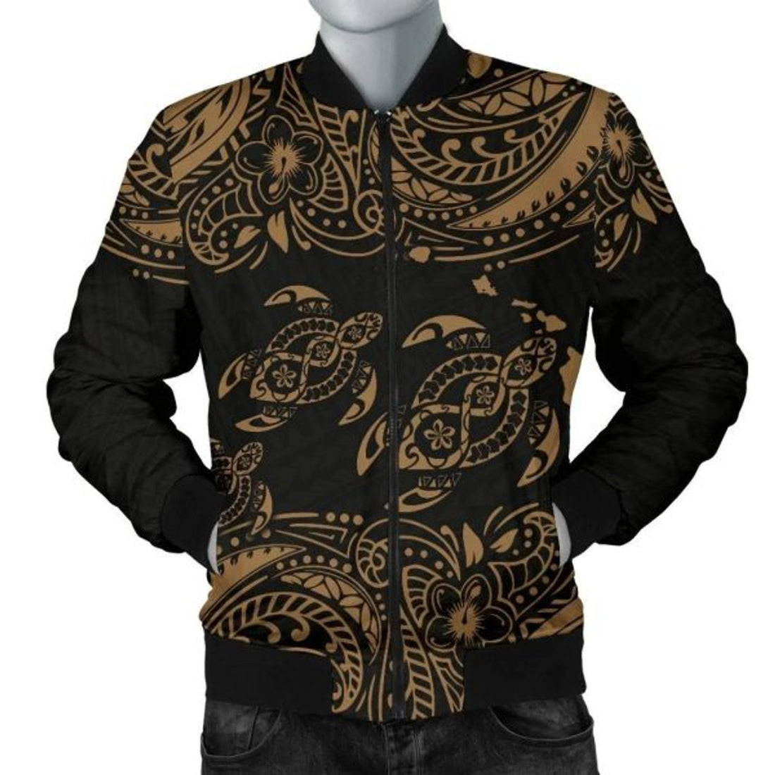FUNSTUFFPRINT Hawaii Polynesian Men's Bomber Jacket - Gold Sea Turtle - Bomber Jacket