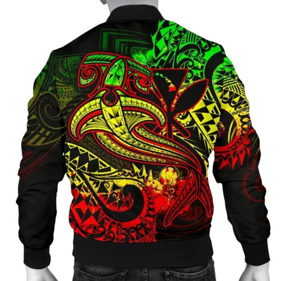 FUNSTUFFPRINT Hawaii Polynesian Men's Bomber Jacket - Kanaka Maoli Reggae Shark Polynesian Tattoo - Bomber Jacket