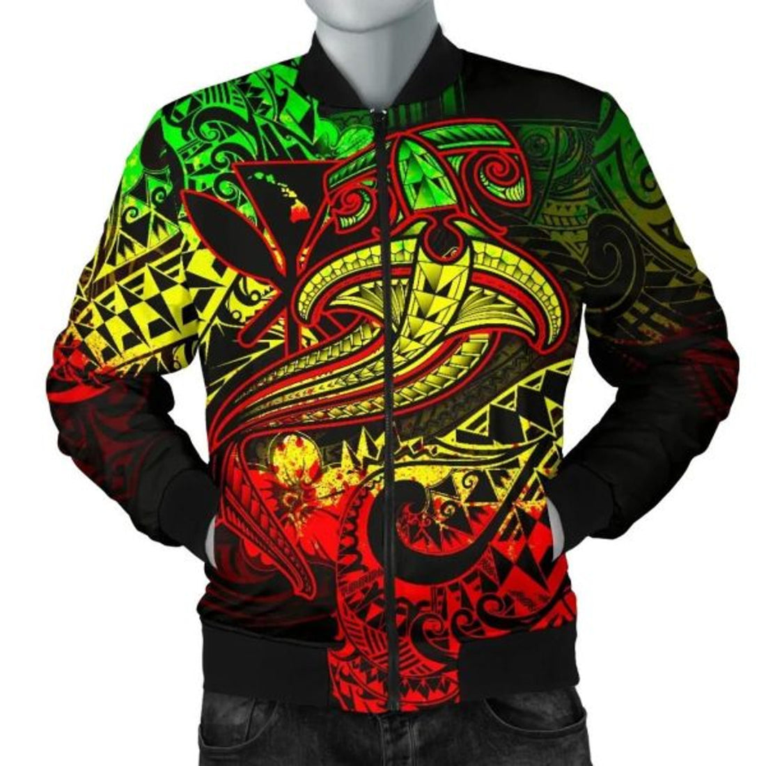 FUNSTUFFPRINT Hawaii Polynesian Men's Bomber Jacket - Kanaka Maoli Reggae Shark Polynesian Tattoo - Bomber Jacket