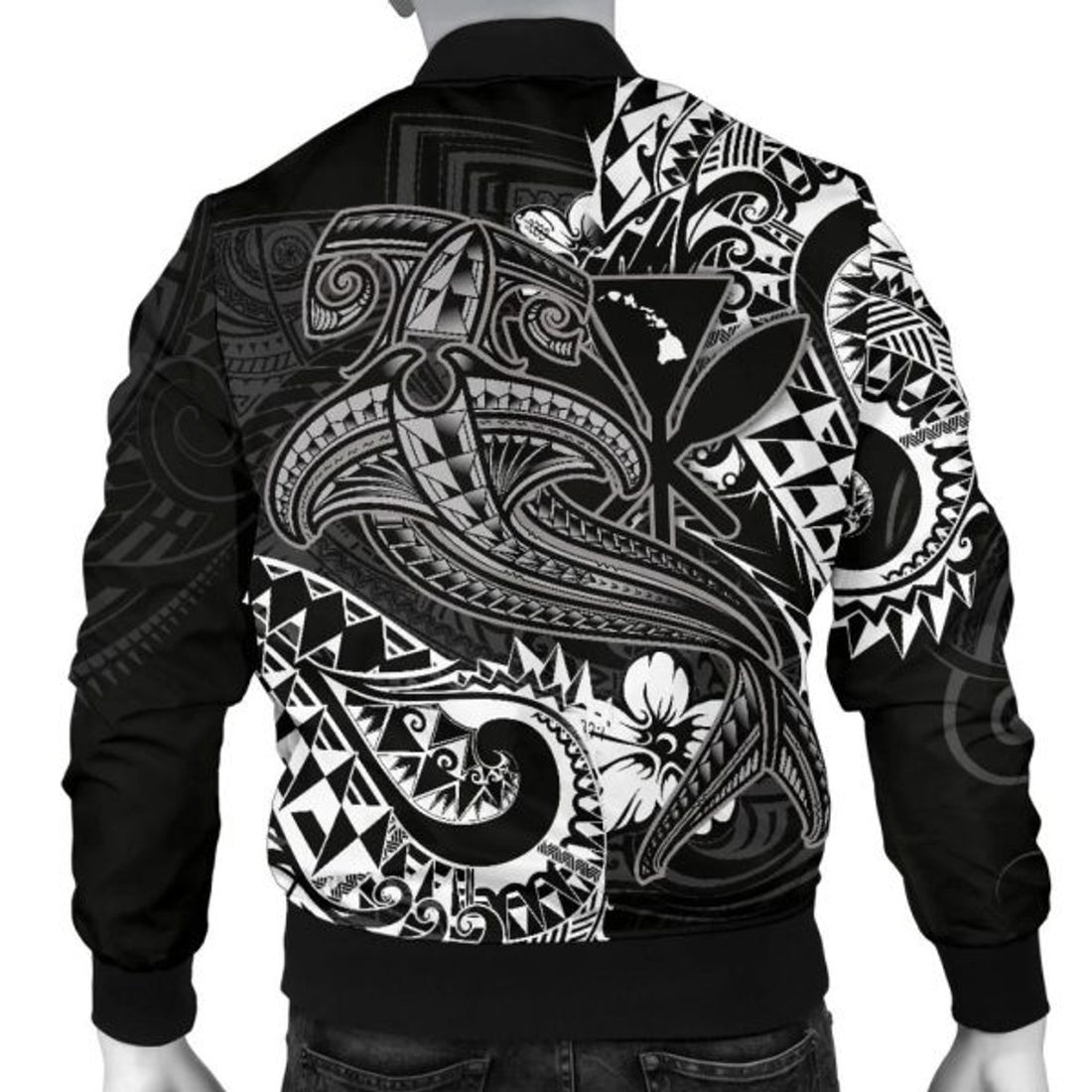 FUNSTUFFPRINT Hawaii Polynesian Men's Bomber Jacket - Kanaka Maoli White Shark Polynesian Tattoo - Bomber Jacket