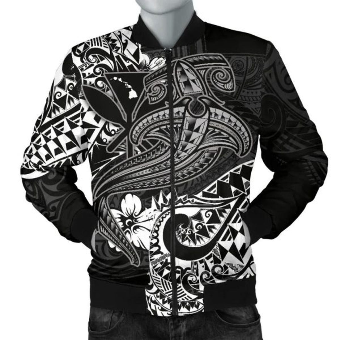 FUNSTUFFPRINT Hawaii Polynesian Men's Bomber Jacket - Kanaka Maoli White Shark Polynesian Tattoo - Bomber Jacket