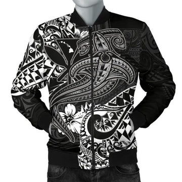 FUNSTUFFPRINT Hawaii Polynesian Men's Bomber Jacket - Kanaka Maoli White Shark Polynesian Tattoo - Bomber Jacket