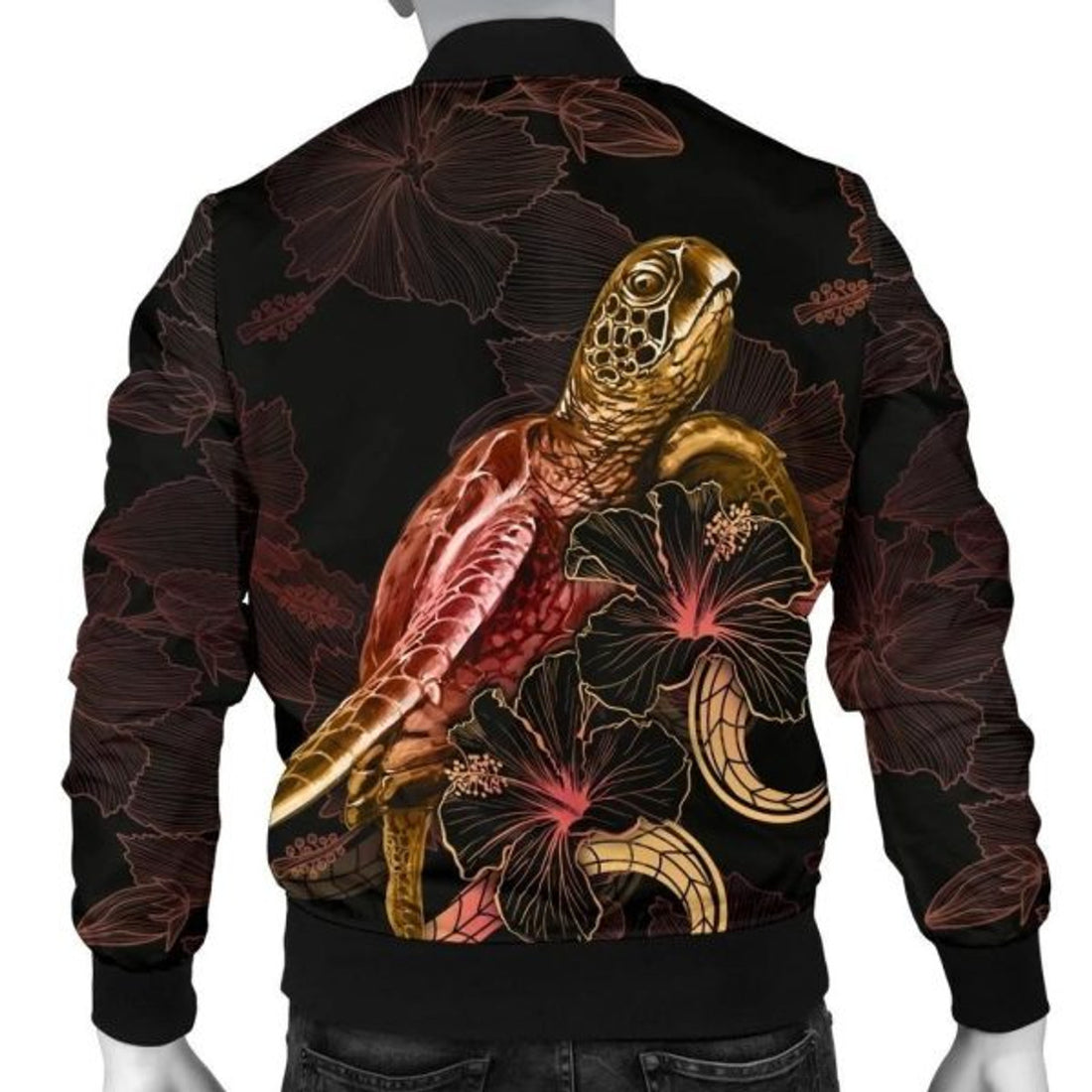 FUNSTUFFPRINT Hawaii Polynesian Men's Bomber Jacket - Turtle With Blooming Hibiscus Gold - Bomber Jacket