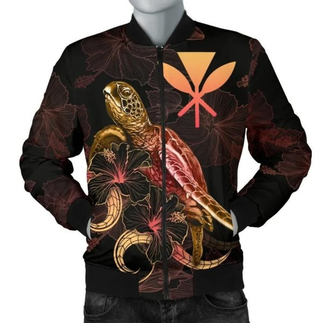 FUNSTUFFPRINT Hawaii Polynesian Men's Bomber Jacket - Turtle With Blooming Hibiscus Gold - Bomber Jacket