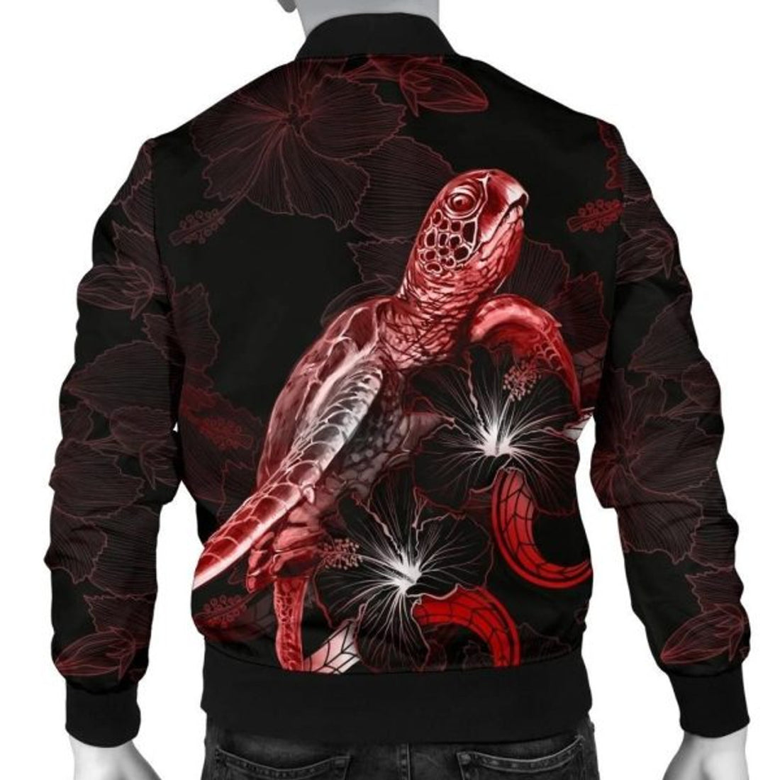 FUNSTUFFPRINT Hawaii Polynesian Men's Bomber Jacket - Turtle With Blooming Hibiscus Red - Bomber Jacket