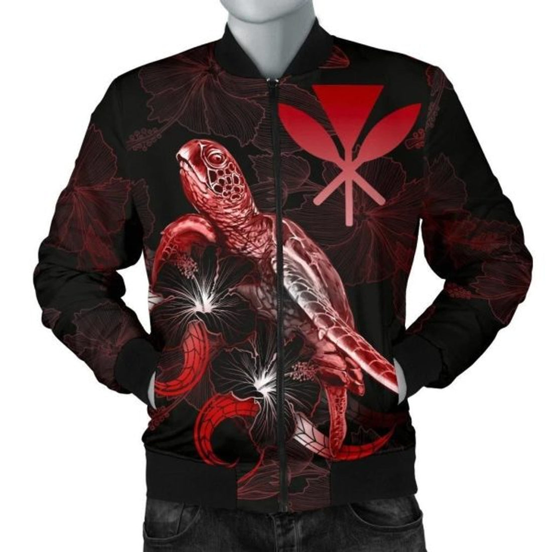 FUNSTUFFPRINT Hawaii Polynesian Men's Bomber Jacket - Turtle With Blooming Hibiscus Red - Bomber Jacket