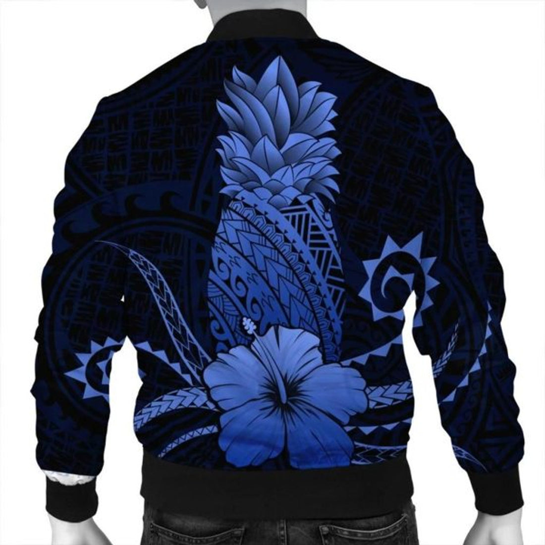 FUNSTUFFPRINT Hawaii Polynesian Pineapple Hibiscus Bomber Jacket - Blue - AH - R Bomber Jacket