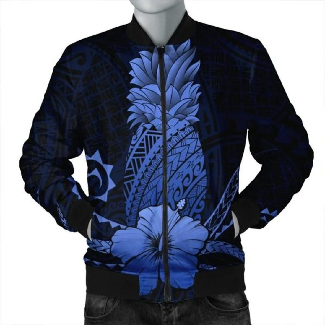 FUNSTUFFPRINT Hawaii Polynesian Pineapple Hibiscus Bomber Jacket - Blue - AH - R Bomber Jacket