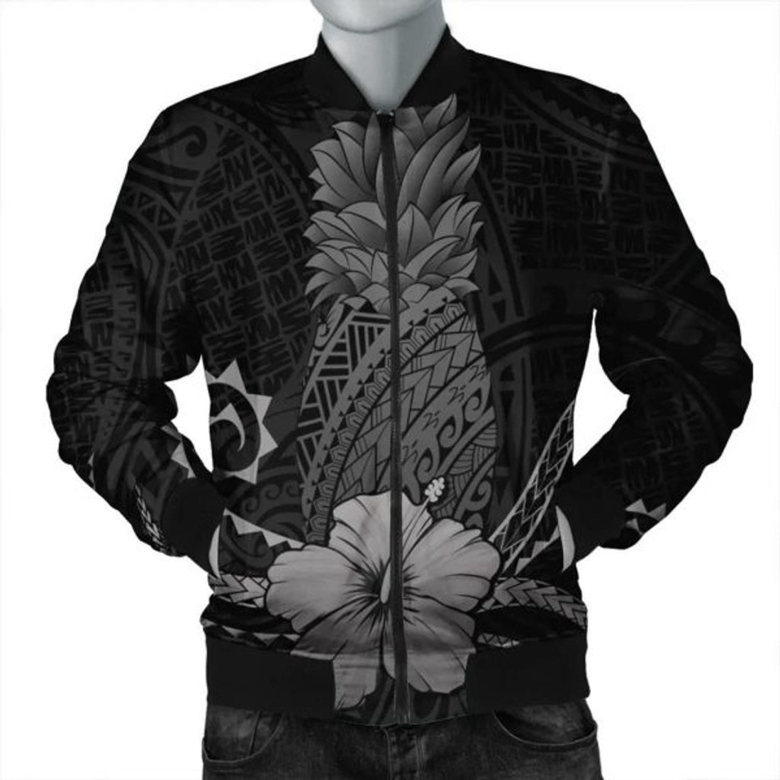 FUNSTUFFPRINT Hawaii Polynesian Pineapple Hibiscus Bomber Jacket - Gray - AH - R Bomber Jacket