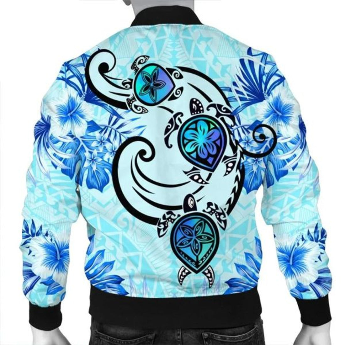 FUNSTUFFPRINT Hawaii Polynesian Plumeria Hibiscus Turtle Bomber Jacket - AH - Jack Style - Blue - R Bomber Jacket