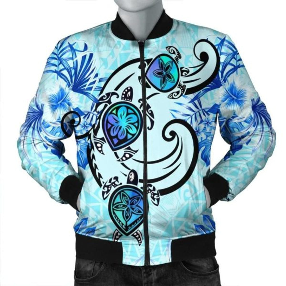 FUNSTUFFPRINT Hawaii Polynesian Plumeria Hibiscus Turtle Bomber Jacket - AH - Jack Style - Blue - R Bomber Jacket
