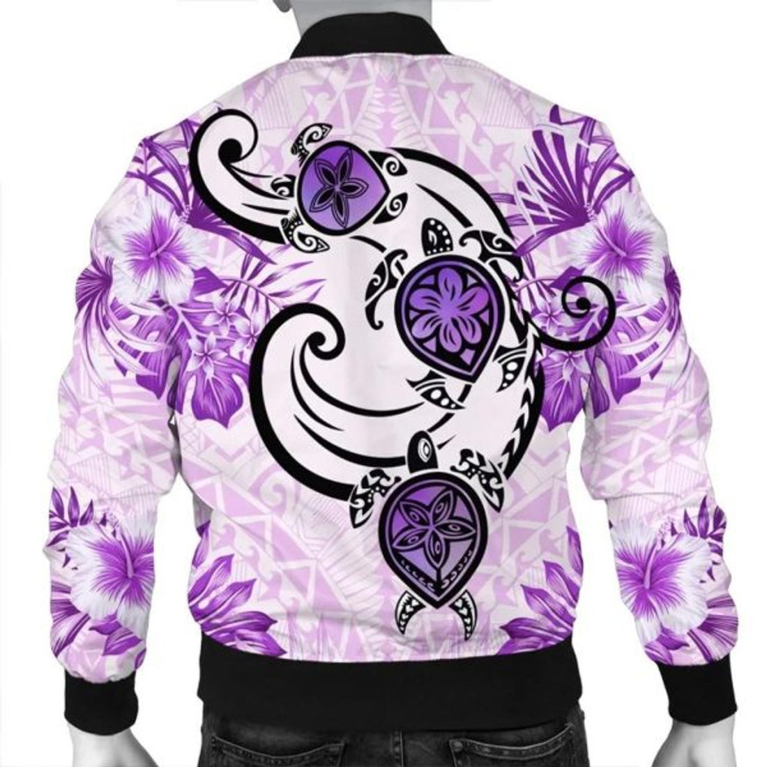 FUNSTUFFPRINT Hawaii Polynesian Plumeria Hibiscus Turtle Bomber Jacket - AH - Jack Style - Pink - R Bomber Jacket