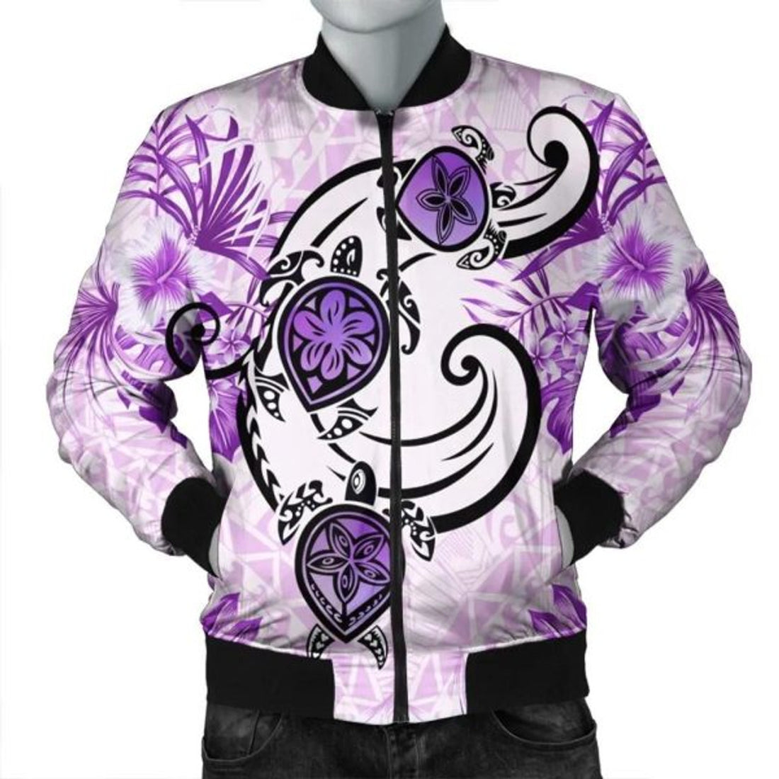 FUNSTUFFPRINT Hawaii Polynesian Plumeria Hibiscus Turtle Bomber Jacket - AH - Jack Style - Pink - R Bomber Jacket