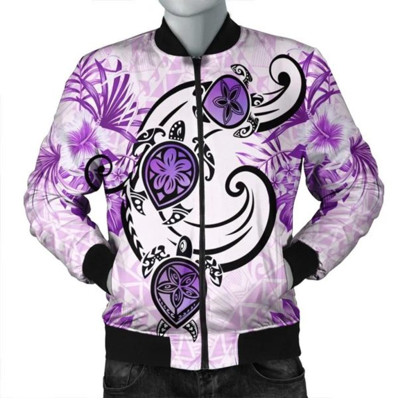 FUNSTUFFPRINT Hawaii Polynesian Plumeria Hibiscus Turtle Bomber Jacket - AH - Jack Style - Pink - R Bomber Jacket