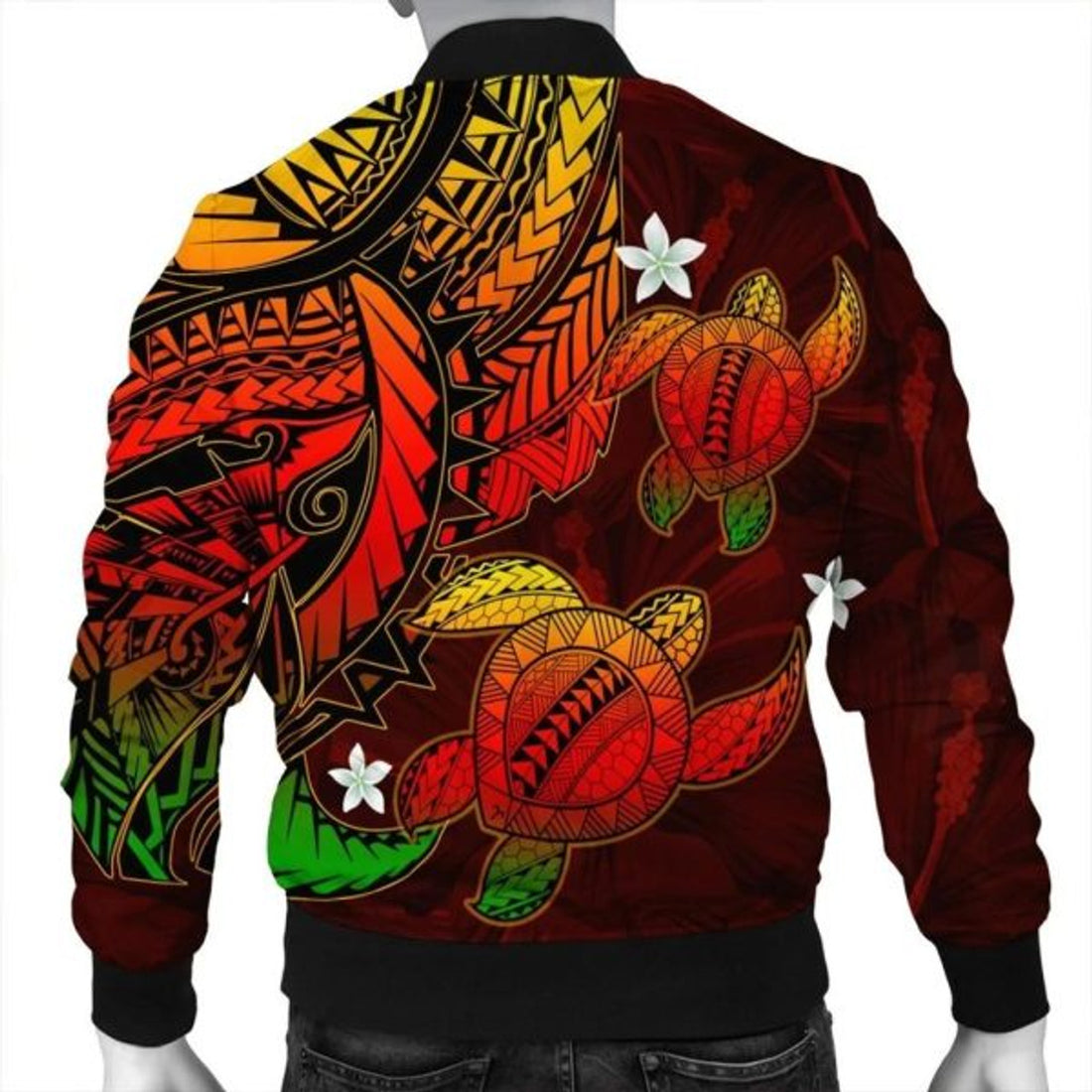 FUNSTUFFPRINT Hawaii Polynesian Turtle Hibiscus Bomber Jacket - Color Flag - AH - R Bomber Jacket