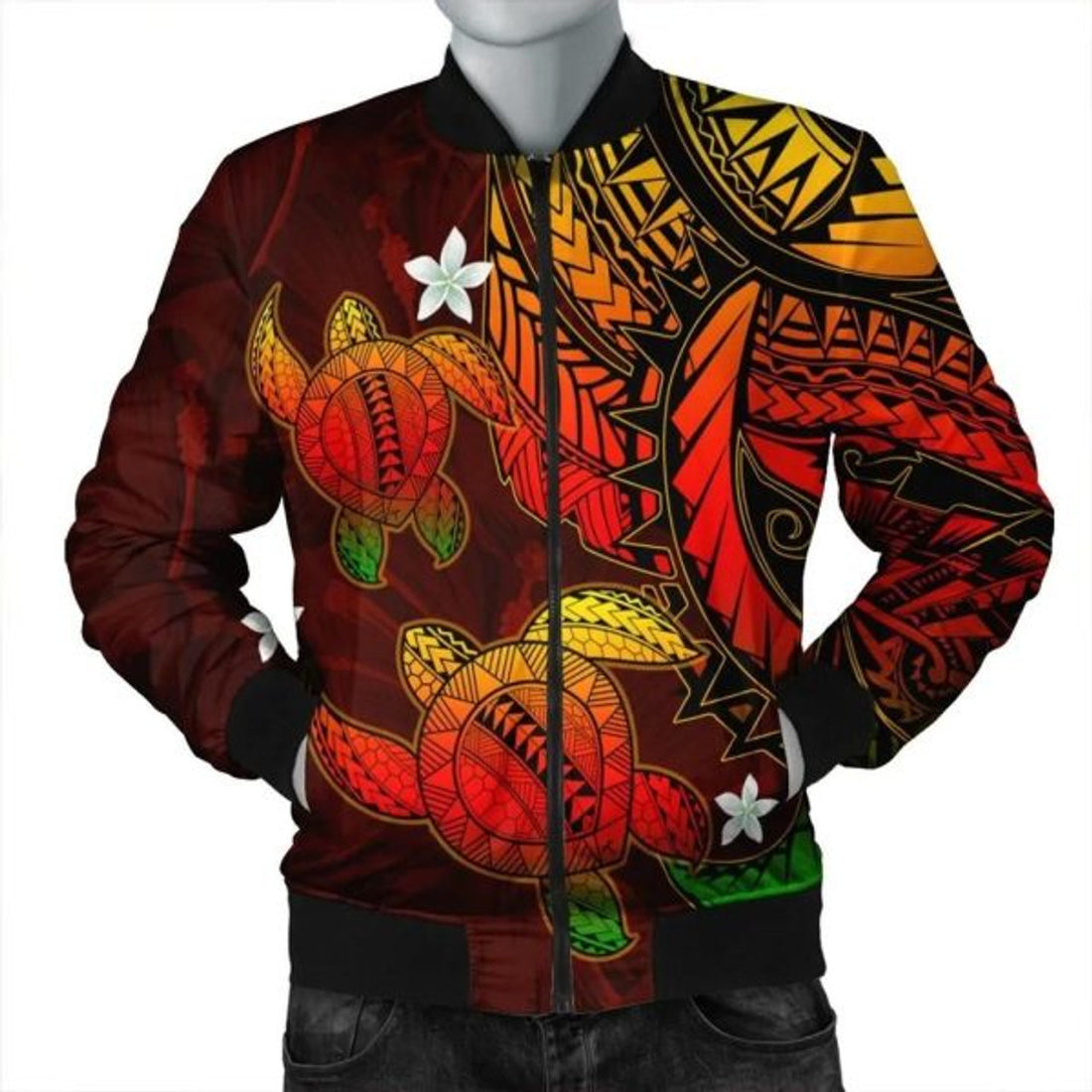 FUNSTUFFPRINT Hawaii Polynesian Turtle Hibiscus Bomber Jacket - Color Flag - AH - R Bomber Jacket