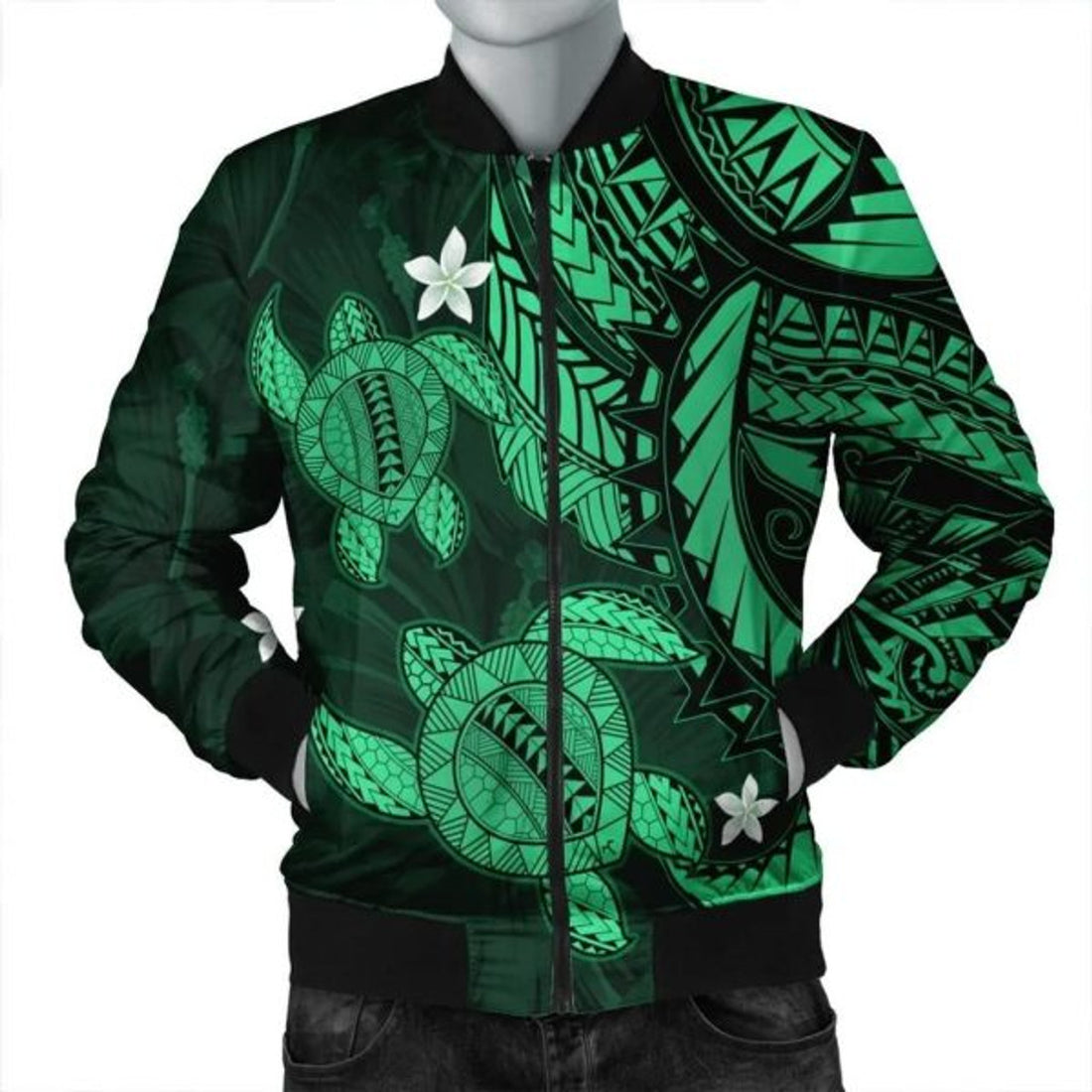 FUNSTUFFPRINT Hawaii Polynesian Turtle Hibiscus Bomber Jacket