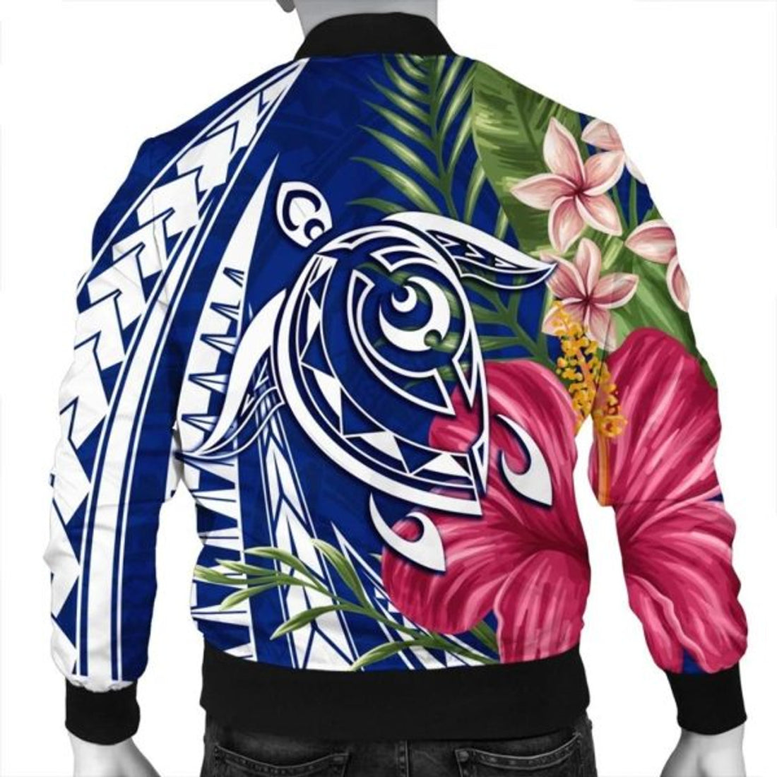 FUNSTUFFPRINT Hawaii Polynesian Turtle Tropical Hibiscus Plumeria Bomber Jacket - Blue - AH - R